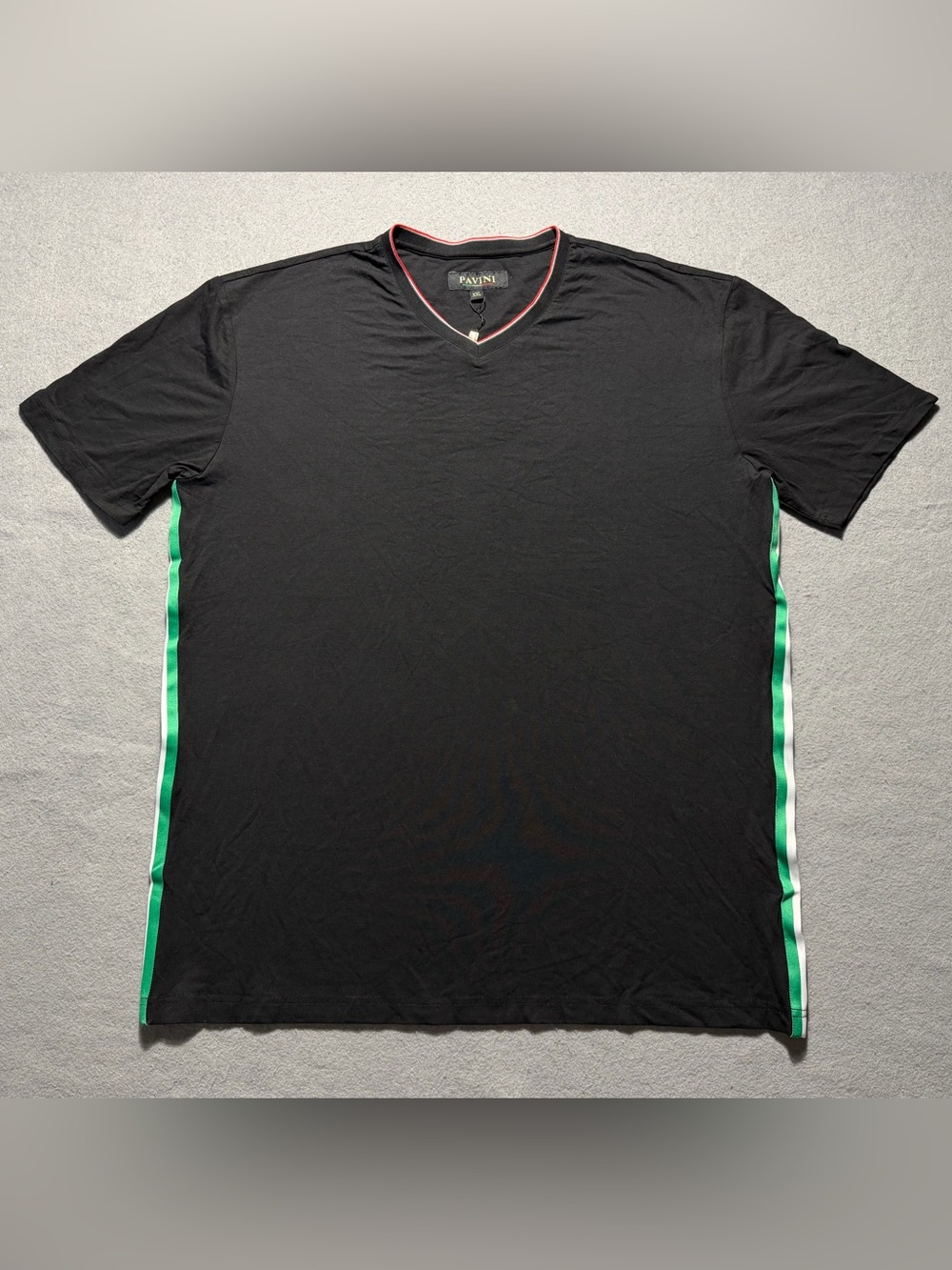 Pavini Men’s XXL Black V-Neck T-Shirt Italian Flag Stripe Trim NWT